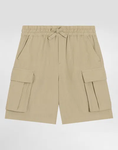 Dolce & Gabbana Linen Cargo Shorts With Dg Logo Embroidery In Beige