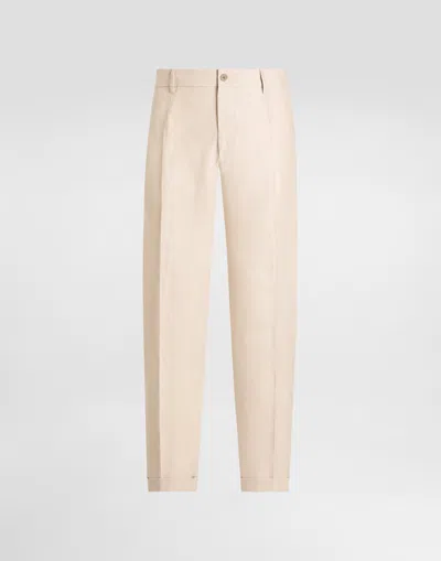 Dolce & Gabbana Linen Fabric Pants With Turn-ups In Beige