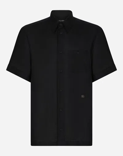 Dolce & Gabbana Linen Hawaiian Shirt With Dg Hardware In Blue