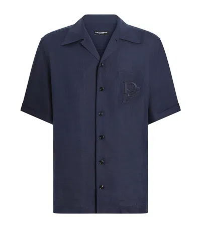 Dolce & Gabbana Linen Logo Pocket Shirt In Blue