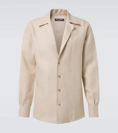 Dolce & Gabbana Linen Overshirt In Powder Beige