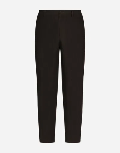 Dolce & Gabbana Linen Pants With Logo Label In Brown
