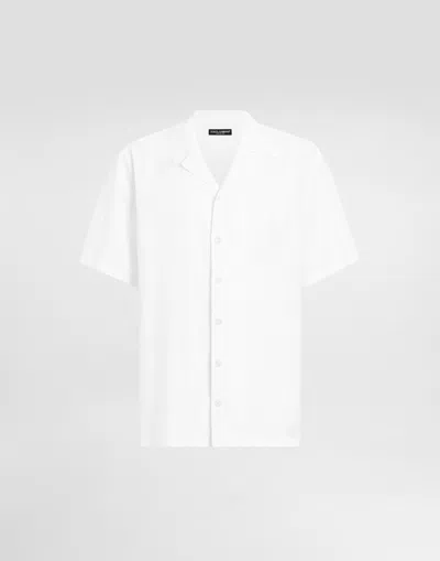 Dolce & Gabbana Linen Shirt With Logo Embroidery In Bianco Ottico