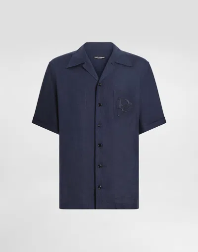 Dolce & Gabbana Linen Logo Pocket Shirt In Blue