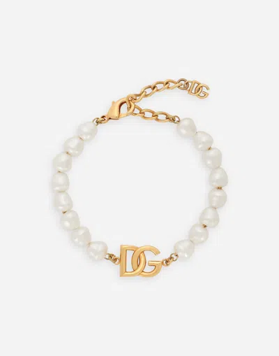 Dolce & Gabbana Link Bracelet With Pearls And Dg Logo In Gold
