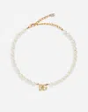Dolce & Gabbana Link Necklace With Pearls And Dg Logo In Gold