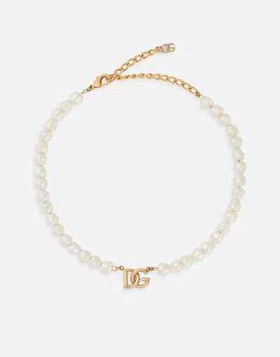 Dolce & Gabbana Link Necklace With Pearls And Dg Logo In Gold