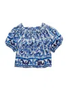 Dolce & Gabbana Majolica Print Cotton Poplin Crop Top In Blue