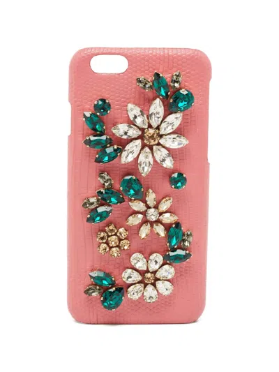 Pre-owned Dolce & Gabbana Lizard-embossed Crystal-embellished Iphone Case In Pink