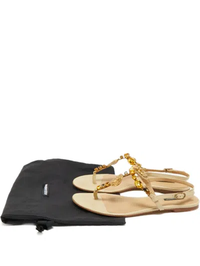 Pre-owned Dolce & Gabbana Lizard-embossed Embellished Flat Sandals In Neutral
