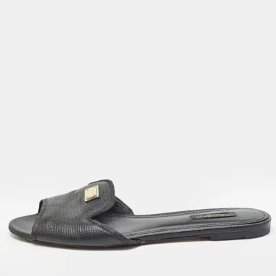 Pre-owned Dolce & Gabbana Lizard Embossed Slide Flats Size 39.5 In Black