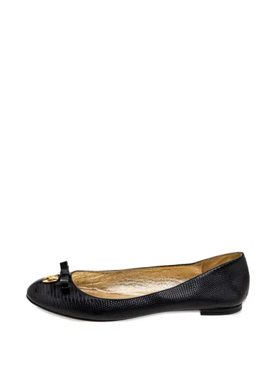 Pre-owned Dolce & Gabbana Lizard-embossed Bow Ballet Flats In Black