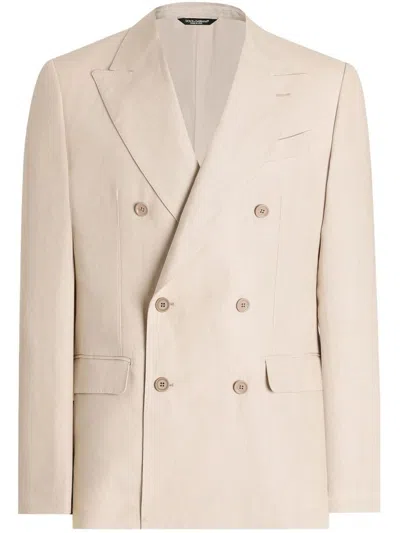 DOLCE & GABBANA LLINEN DOUBLE-BREASTED BLAZER IN BEIGE