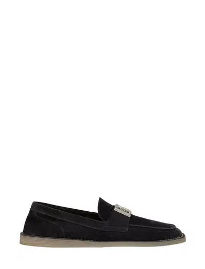 Dolce & Gabbana Logo-lettering Suede Loafers In Blue