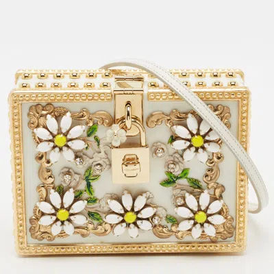 Pre-owned Dolce & Gabbana Locket Box White/gold Acrylic Crystal Embellished Clutch Bag
