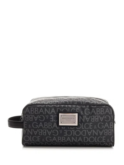 Dolce & Gabbana Logo All-over Top Zip Pouch In Black / Grey