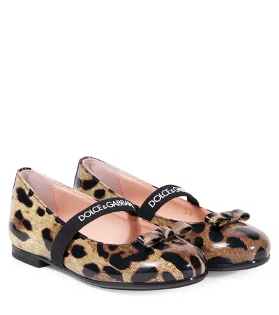 Dolce & Gabbana Kids' Logo Animal-printed Leather Mary Jane Flats In Sand