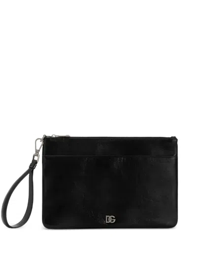 Dolce & Gabbana Men Black Clutch With Wrist Strap And Logo Plaque On The Front In Leather Man