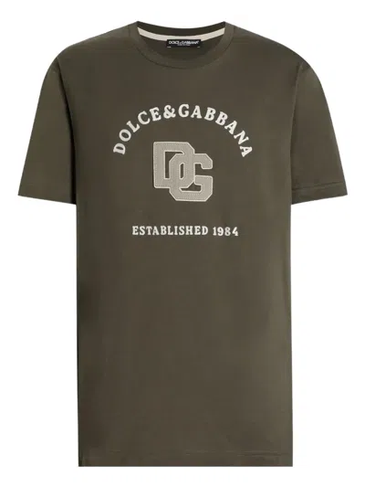 Dolce & Gabbana Cotton T-shirt With Print And Embroidery In Green