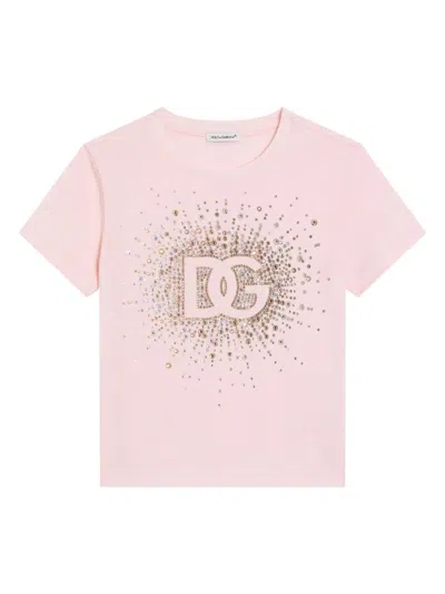 Dolce & Gabbana Kids' Jersey And Rhinestone T-shirt In Pink