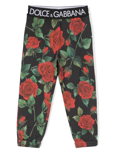 Dolce & Gabbana Kids' Logo-band Floral-print Trousers In Black