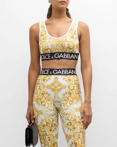 Dolce & Gabbana Logo Band Tile-print Lycra Bra Top In Yellow