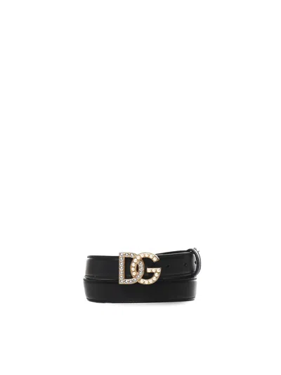 Dolce & Gabbana Logo Belt With Shiny Buckle In Black