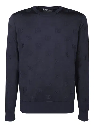 Dolce & Gabbana Round-neck Sweater With All-over Dg In Blue