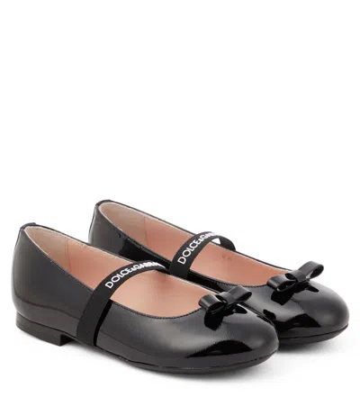 Dolce & Gabbana Kids' Logo Bow-detail Patent Leather Ballet Flats In Black