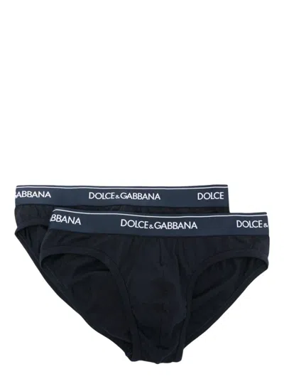 Dolce & Gabbana Logo-waistband Slip-on Briefs (pack Of Two) In Blue