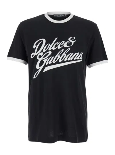 DOLCE & GABBANA BLACK CREWNECK T-SHIRT WITH MAXI LOGO LETTERING ON THE FRONT IN COTTON MAN