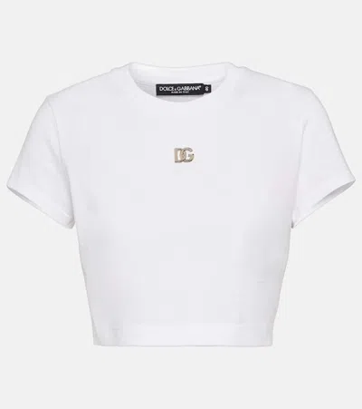 Dolce & Gabbana Logo-plaque Cotton Cropped T-shirt In Optical White