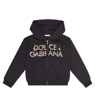 Dolce & Gabbana Babies' Logo Print Cotton Zip-up Hoodie In Black
