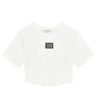 Dolce & Gabbana Kids' Cropped Cotton T-shirt With Logo Plate In White