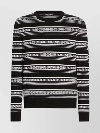 Dolce & Gabbana Logo Crew Neck Sweater Striped Pattern In Black