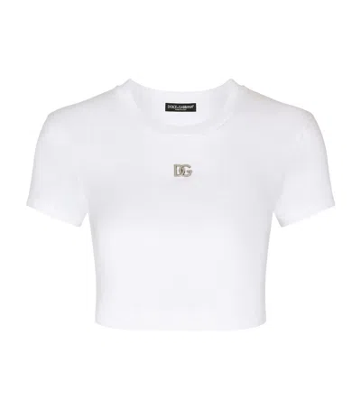 Dolce & Gabbana Logo-plaque Cotton Cropped T-shirt In Optical White