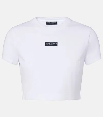 Dolce & Gabbana Logo Cropped Cotton-blend Jersey T-shirt In White