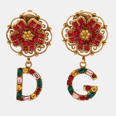 Pre-owned Dolce & Gabbana Logo Crystals Gold Tone Earrings