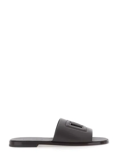 Dolce & Gabbana Logo Cut-out Leather Sandals In Black
