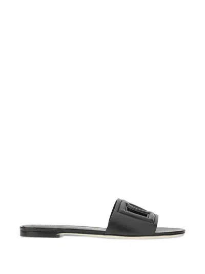 Dolce & Gabbana Dg Millennials Logo Leather Flat Slides Shoes In Black