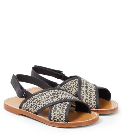 Dolce & Gabbana Kids' Logo Leather-trimmed Canvas Sandals In Black