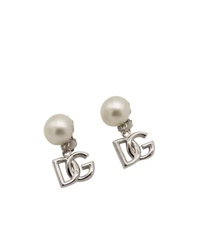 Dolce & Gabbana Logo Drop Pearl Earrings In Purple