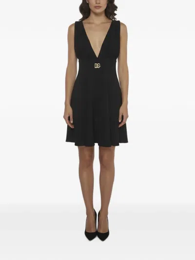 Pre-owned Dolce & Gabbana Logo Embellished Crepe Dress In Black