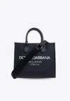 Dolce & Gabbana Logo Embossed Canvas Tote Bag In Navy