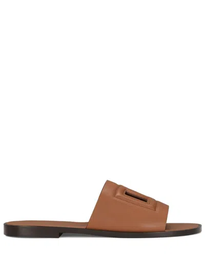 Dolce & Gabbana Logo-embossed Cut-out Slides In Brown