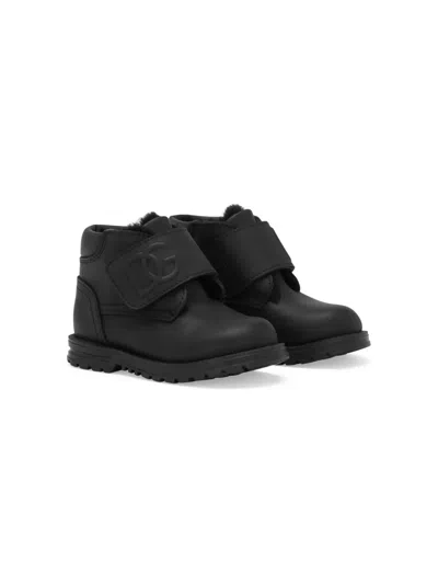 Dolce & Gabbana Kids' Logo-embossed Leather Ankle Boots In Black