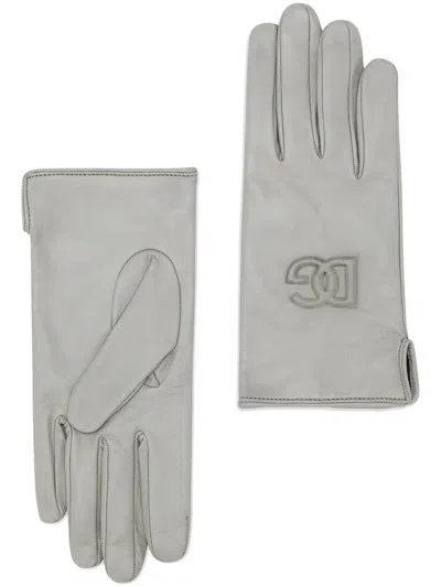 Dolce & Gabbana Logo-embossed Leather Gloves In Grey