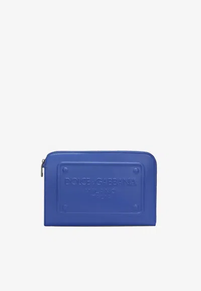 Dolce & Gabbana Logo-embossed Leather Pouch In Blue
