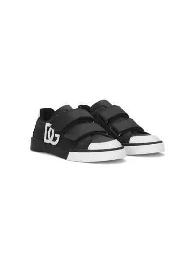 Dolce & Gabbana Kids' Logo-embossed Leather Sneakers In Black