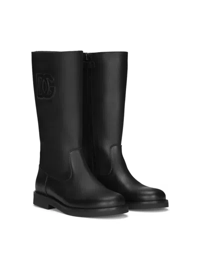 Dolce & Gabbana Kids' Logo-embossed Leather Wellies In Black